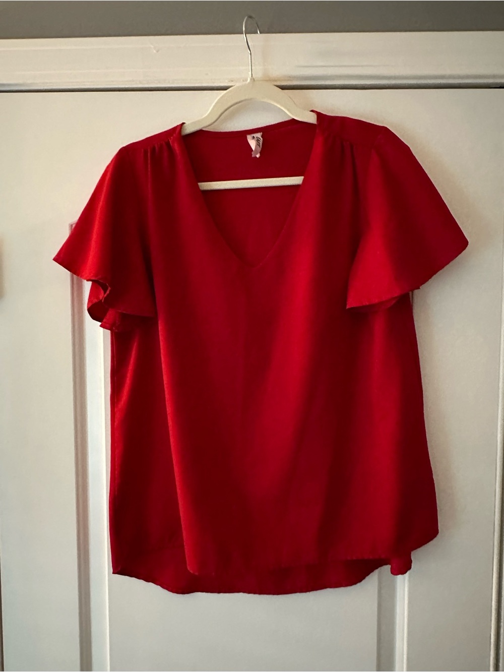 Women's V-Neck Flutter Sleeve Blouse in Red